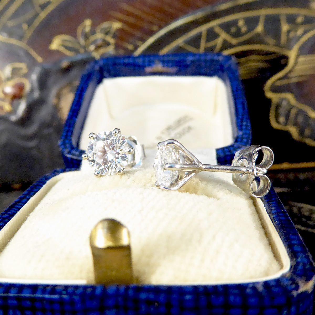 Quality 2.02ct Diamond Stud Earrings in Platinum with GIA Cert F Colour VS Clarity - Wharfedale Antiques