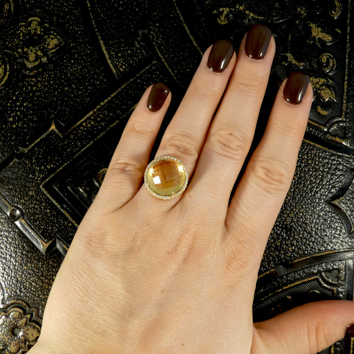 Citrine and Diamond Jelly Tot Ring in 18ct Yellow Gold with Diamond Set Shoulders - Wharfedale Antiques