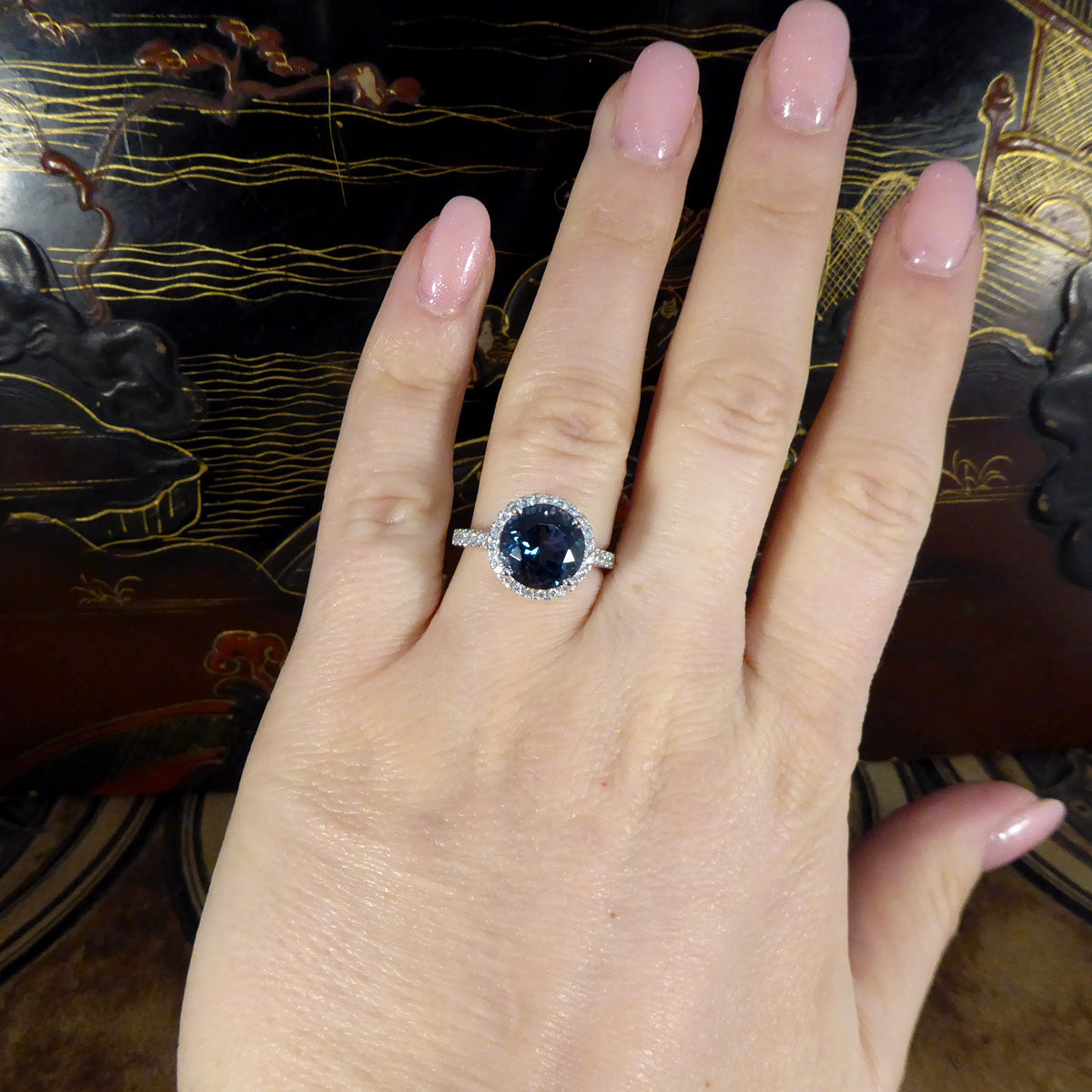 London Blue Topaz and Diamond Halo Cluster Ring in Platinum with Diamond set Shoulders - Wharfedale Antiques