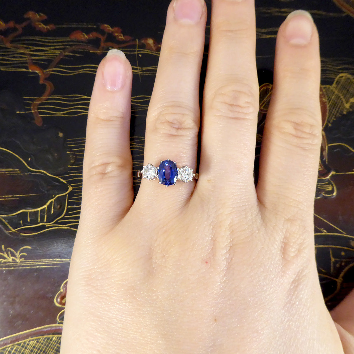 1.50ct Sapphire and 0.55ct Diamond Three Stone Ring in Platinum - Wharfedale Antiques