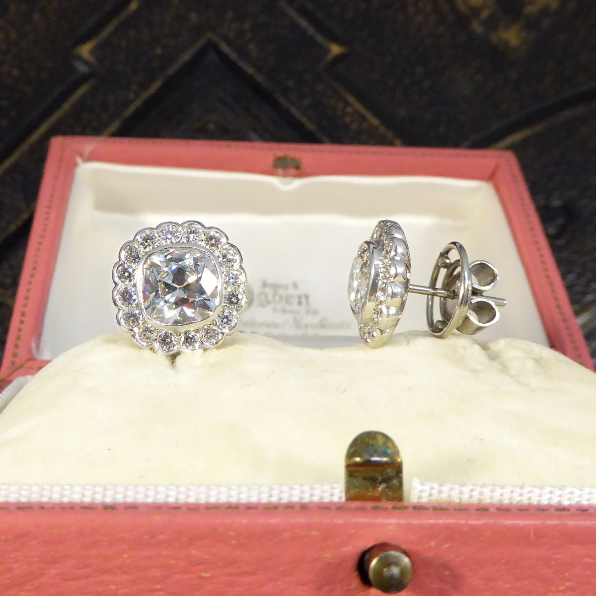 1940's Old Cushion Cut Daisy Cluster Stud Earrings in Platinum - Wharfedale Antiques