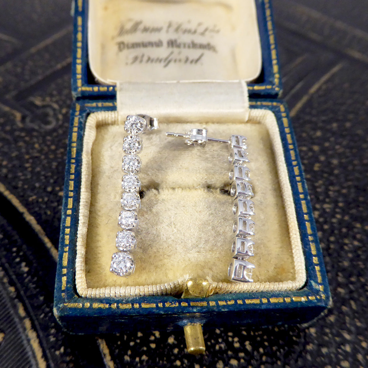 Modern Diamond Drop Linked Dangle Earrings in White Gold - Wharfedale Antiques