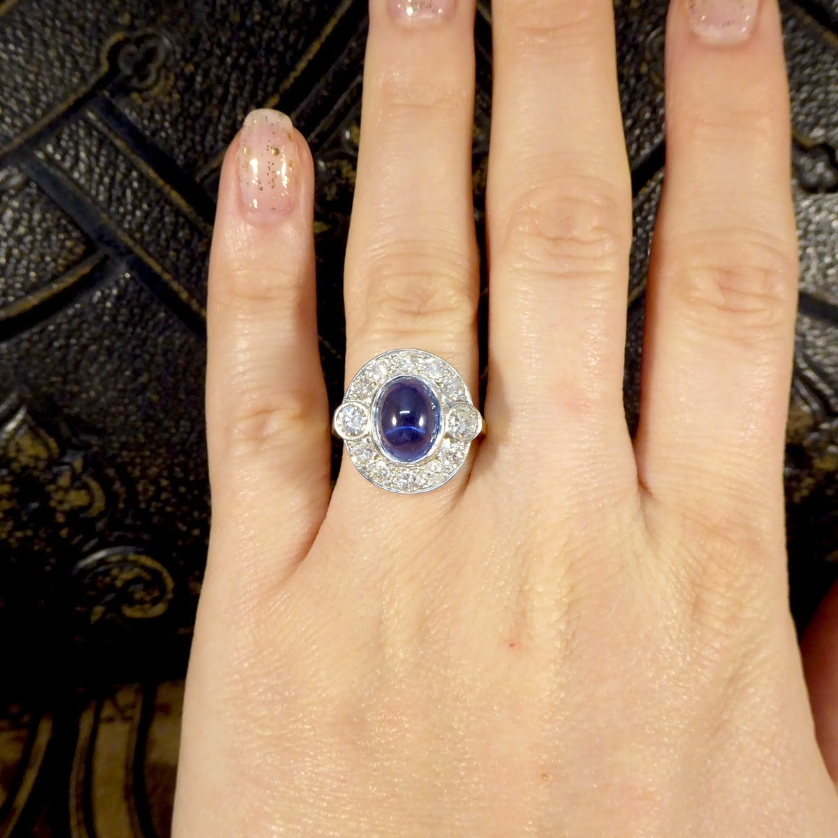 Cabochon Cut Sapphire and Diamond Cluster Ring in 18ct Gold - Wharfedale Antiques