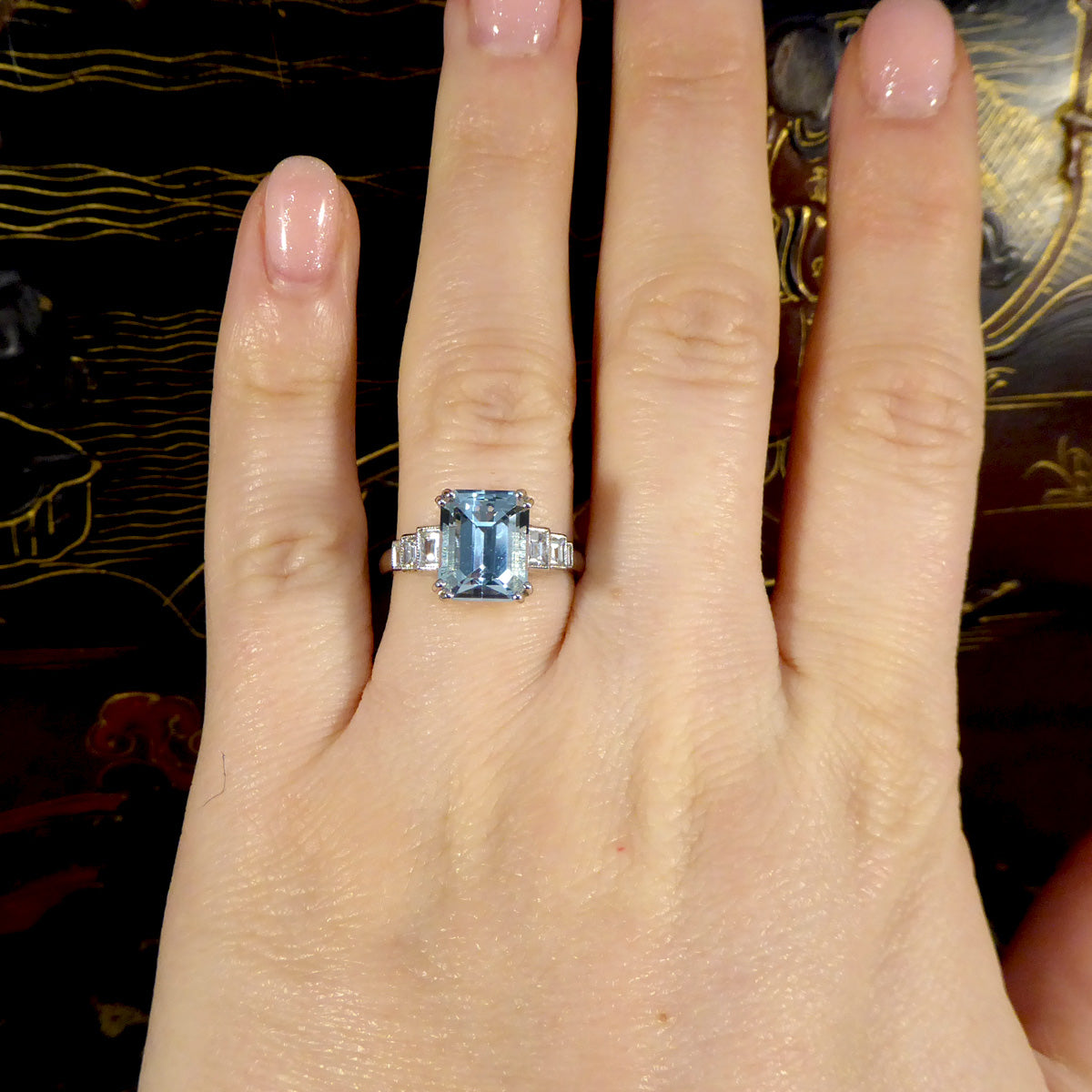 Art Deco Inspired 3.30ct Aquamarine and Diamond Staged Ring in Platinum - Wharfedale Antiques