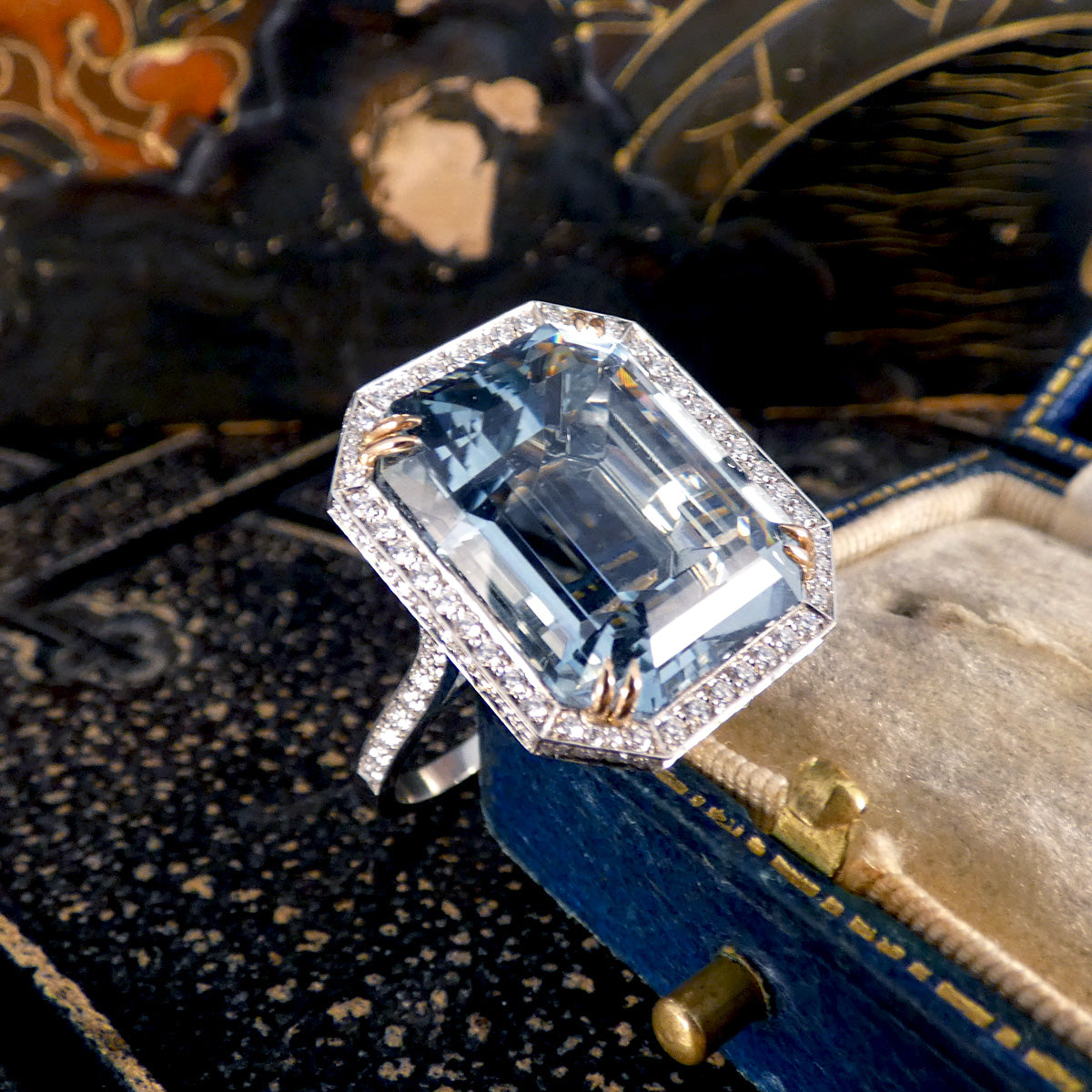 Large Aquamarine and Diamond Halo Ring with Diamond set Shoulders in Platinum - Wharfedale Antiques
