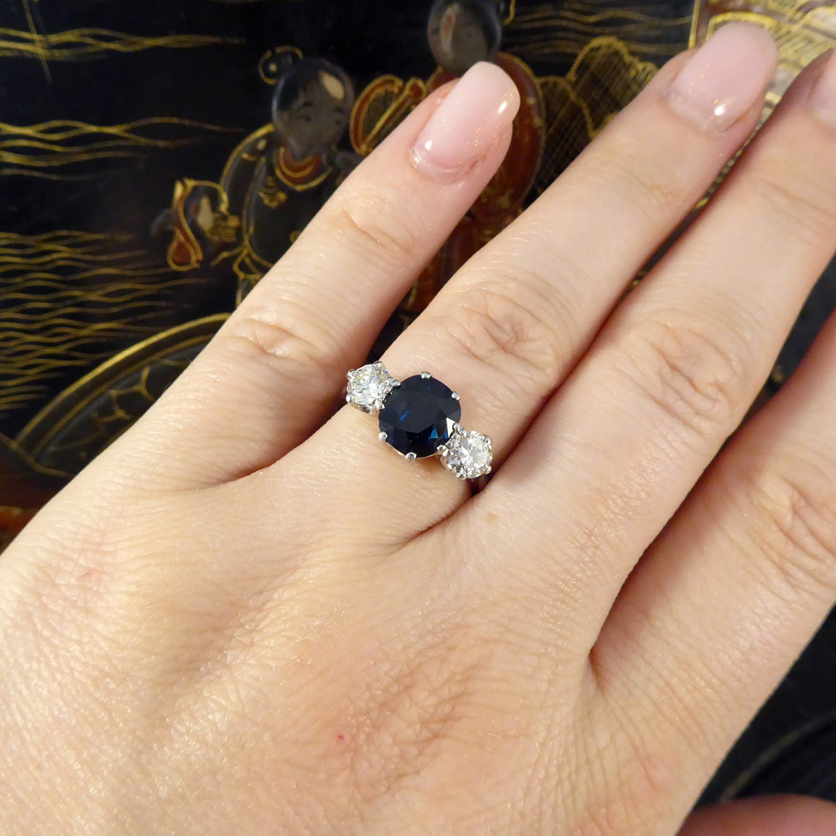 C1920s Deep Sapphire and Diamond Trilogy Ring in 18ct White Gold and Platinum - Wharfedale Antiques
