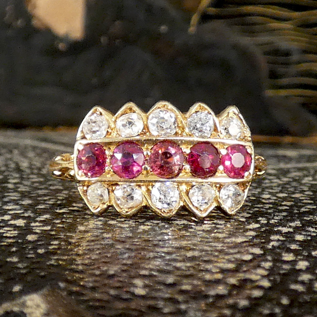 Showing bright and beautiful colours, Late Victorian Ruby and Diamond Crown Ring in 18ct Yellow Gold
