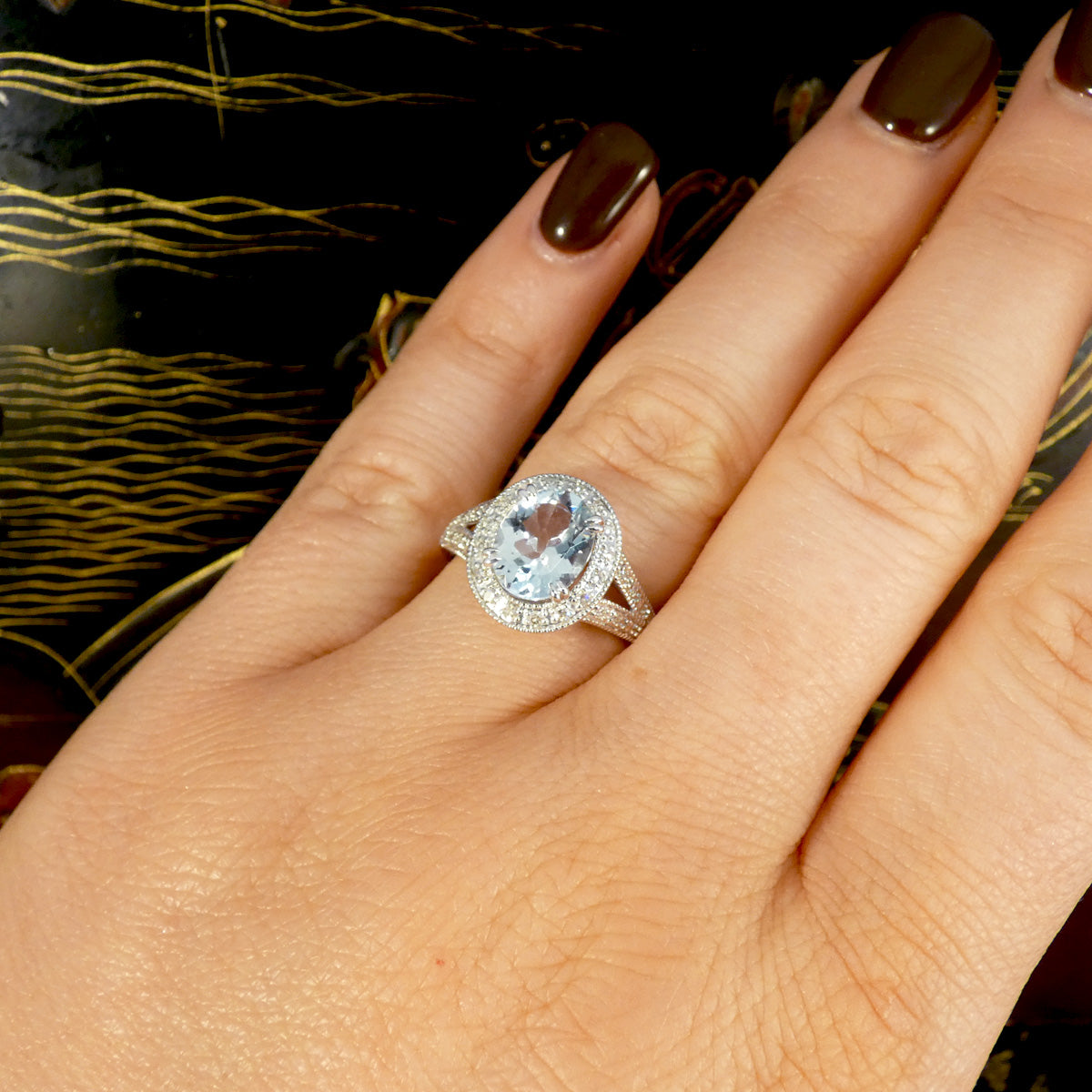 Aquamarine and Diamond Cluster Ring with Diamond Split Shoulder in White Gold - Wharfedale Antiques