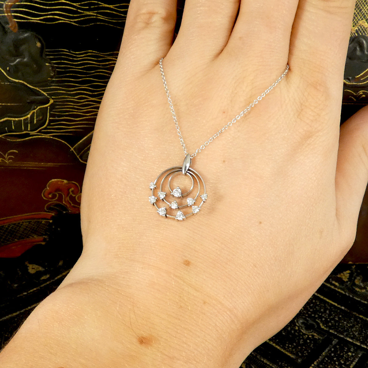 Diamond set Circle Trio Pendant Necklace in 18ct White Gold - Wharfedale Antiques