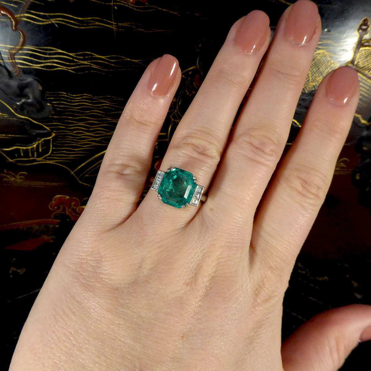 Bright 6.19ct Octagonal Cut Columbian Emerald and Diamond Ring in Platinum with Gem Cert - Wharfedale Antiques