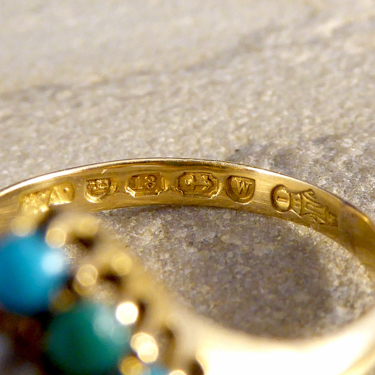 Victorian Heart Shaped Turquoise Seed Pearl and Diamond Cluster Ring in 18ct Yellow Gold - Wharfedale Antiques