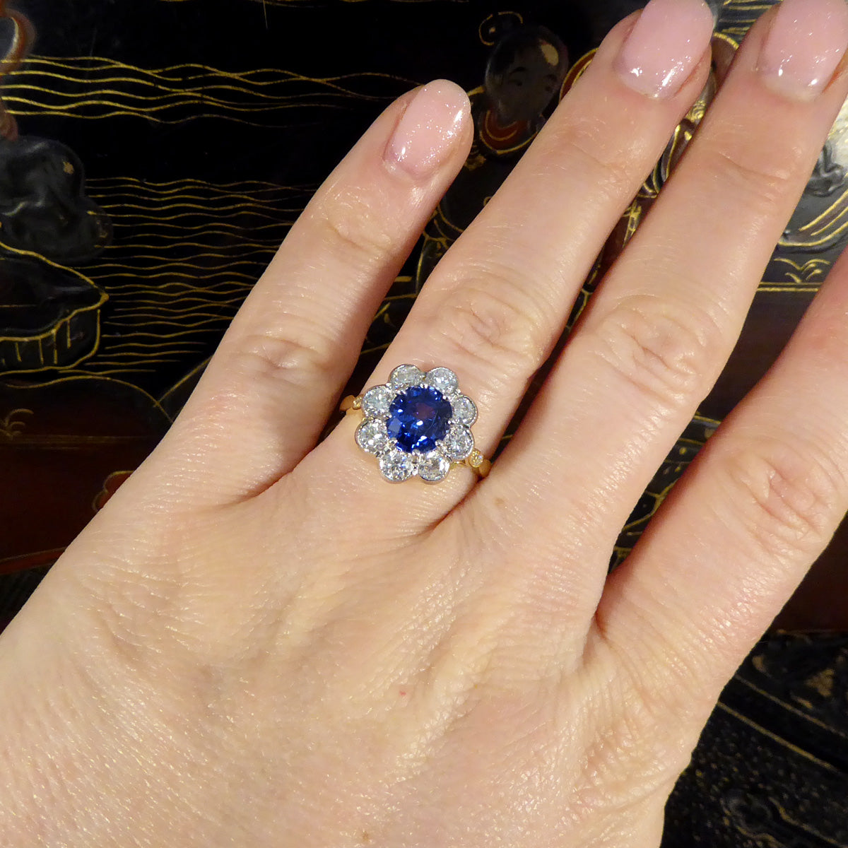 Edwardian Inspired 2.24ct Sapphire and Diamond Cluster Ring in 18ct Gold - Wharfedale Antiques