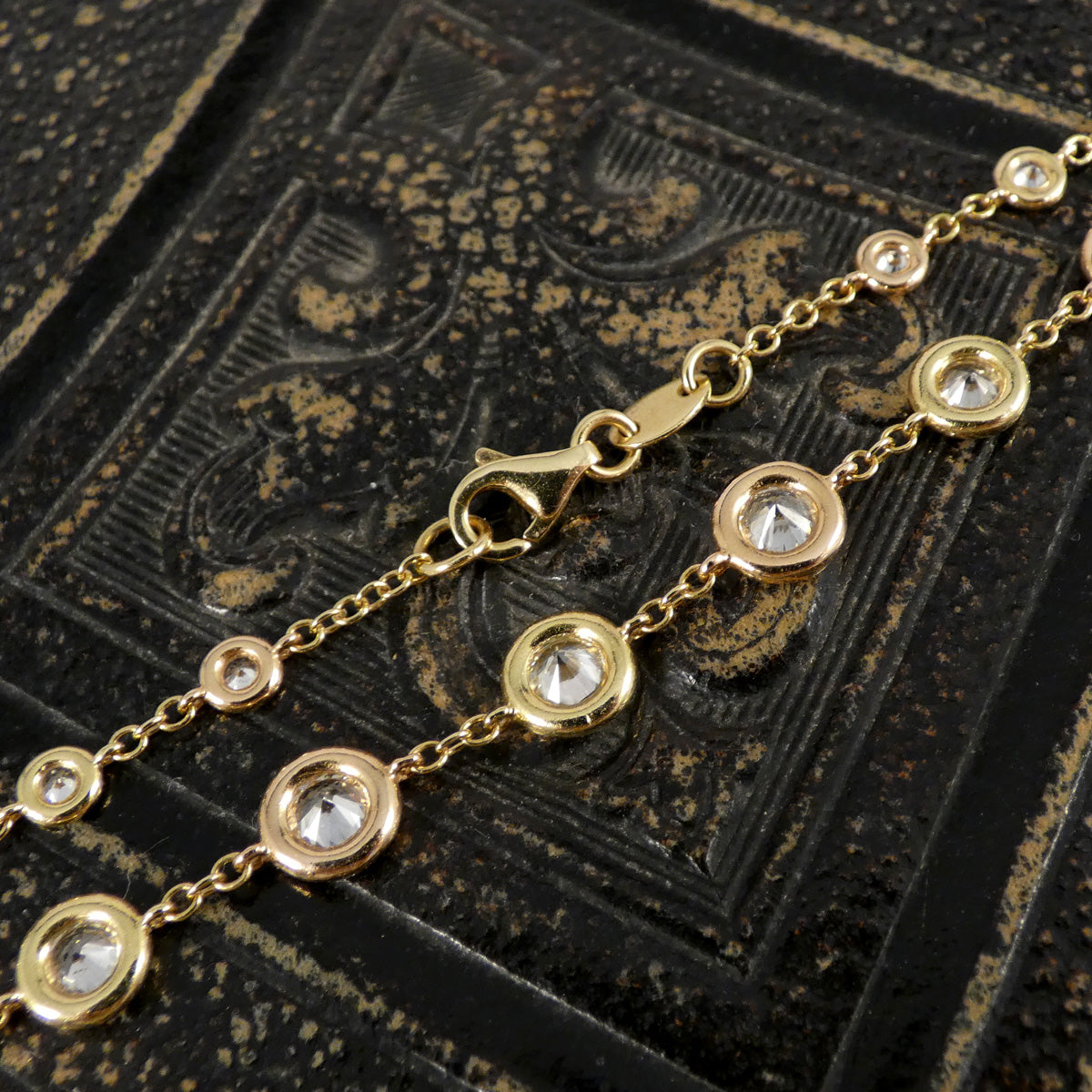 4.55ct Diamond Spectacle Set Spaced Necklace in 18ct Rose and Yellow Gold. Lobster clasp for the closure and showing the diamonds in reverse, showing they can be worn either way.