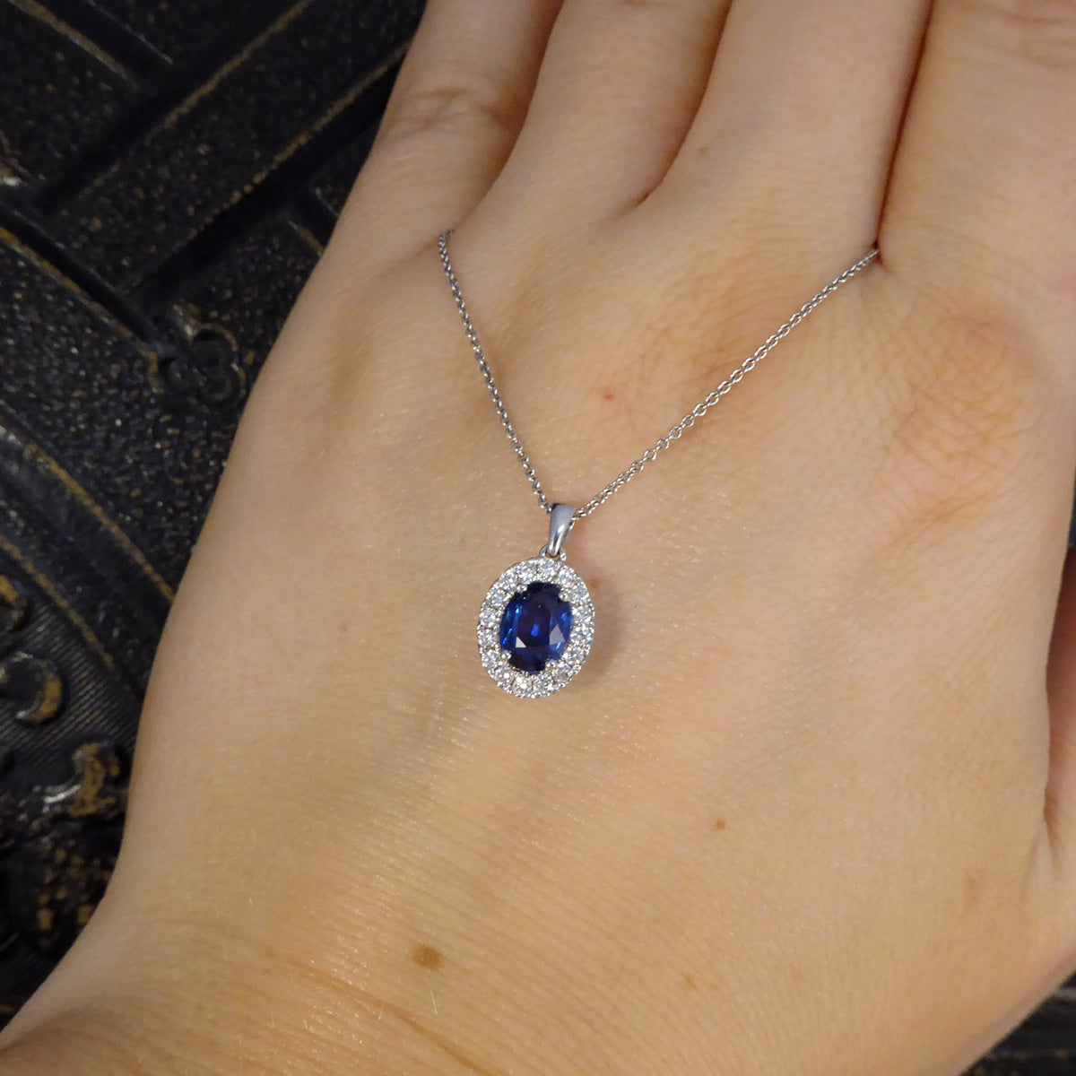 Sapphire and Diamond Cluster Pendant Necklace in 18ct White Gold - Wharfedale Antiques