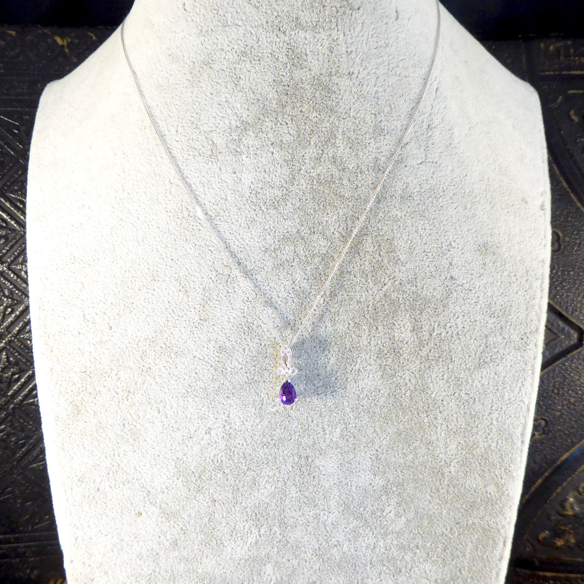 Art Deco Inspired Pear Shaped Amethyst Drop Necklace with Diamonds set in 18ct White Gold - Wharfedale Antiques
