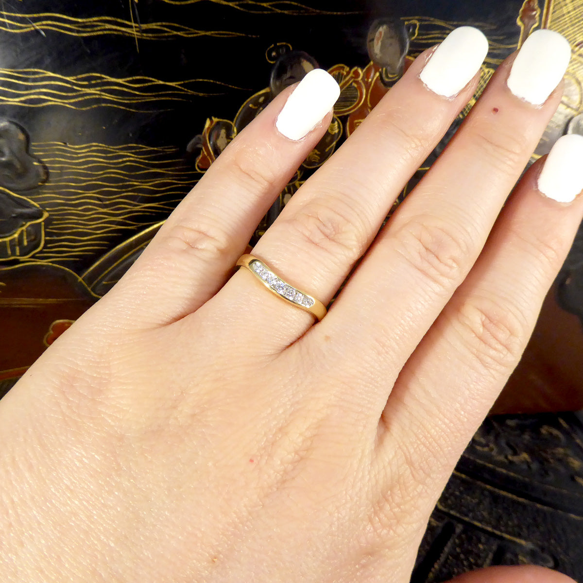 Diamond Set Curved Wishbone Ring in Yellow Gold - Wharfedale Antiques