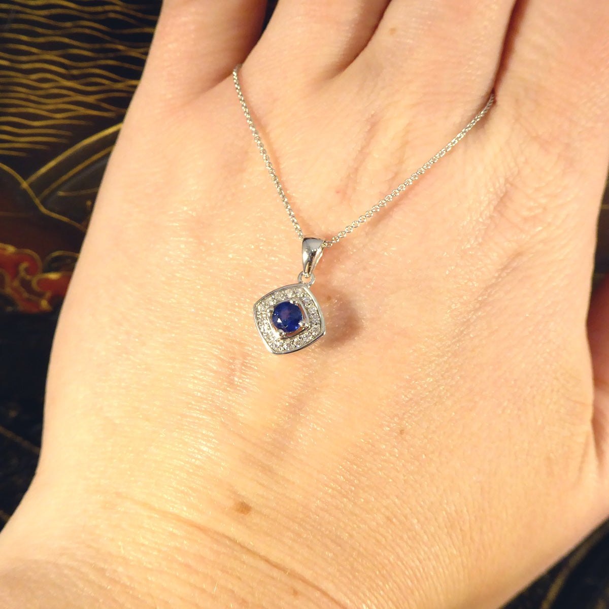 Ceylon Sapphire and Diamond Cluster Pendant Necklace in White Gold - Wharfedale Antiques