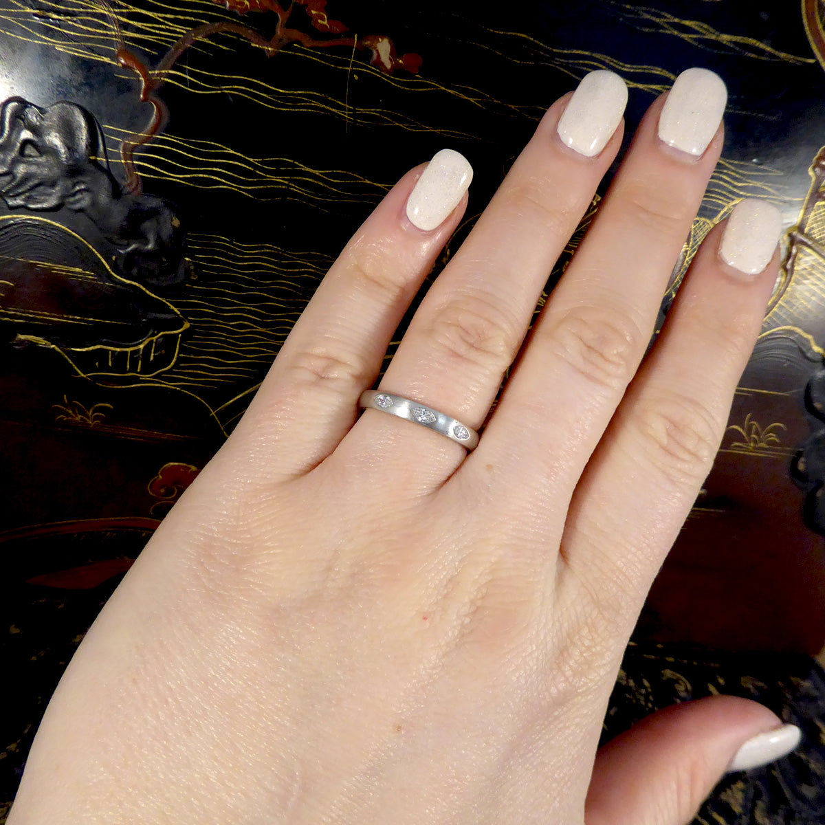 Marquise Diamond Set Brown and Newirth Ring in 18ct White Gold with Satin Matt Finish - Wharfedale Antiques