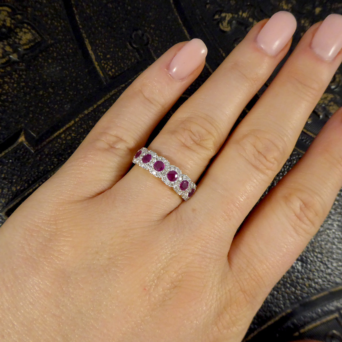 Ruby and Diamond Sextuple Cluster Ring in 18ct Yellow and White Gold - Wharfedale Antiques