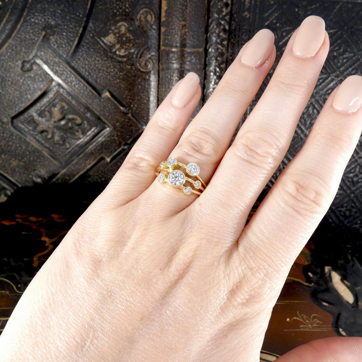 A beautiful bubble style ring worn on the ring finger to see size and shape reference.