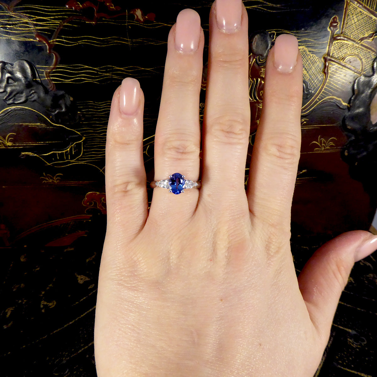 Oval Tanzanite and Pear Cut Diamond Three Stone Ring in Platinum - Wharfedale Antiques