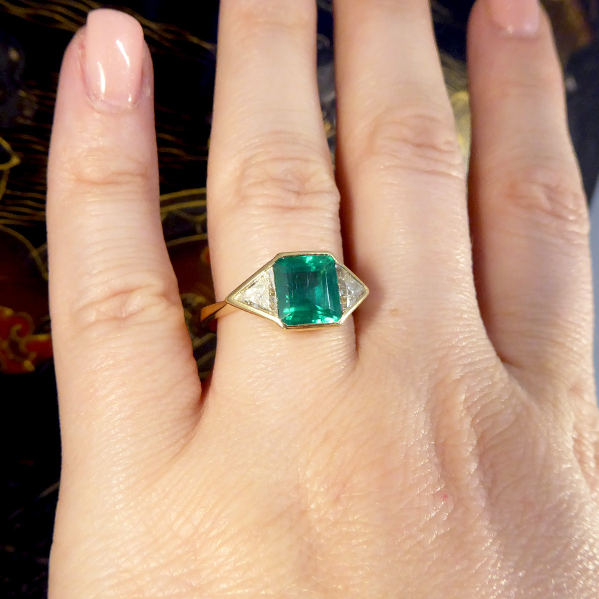 Vintage Emerald and Trillian Cut Diamond Three Stone in 18ct Yellow Gold - Wharfedale Antiques