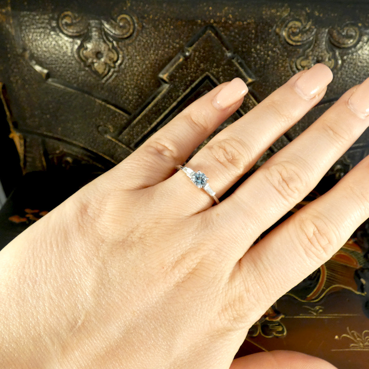 Aquamarine Solitaire with Tapered Baguette Diamond Shoulders in 18ct White Gold - Wharfedale Antiques