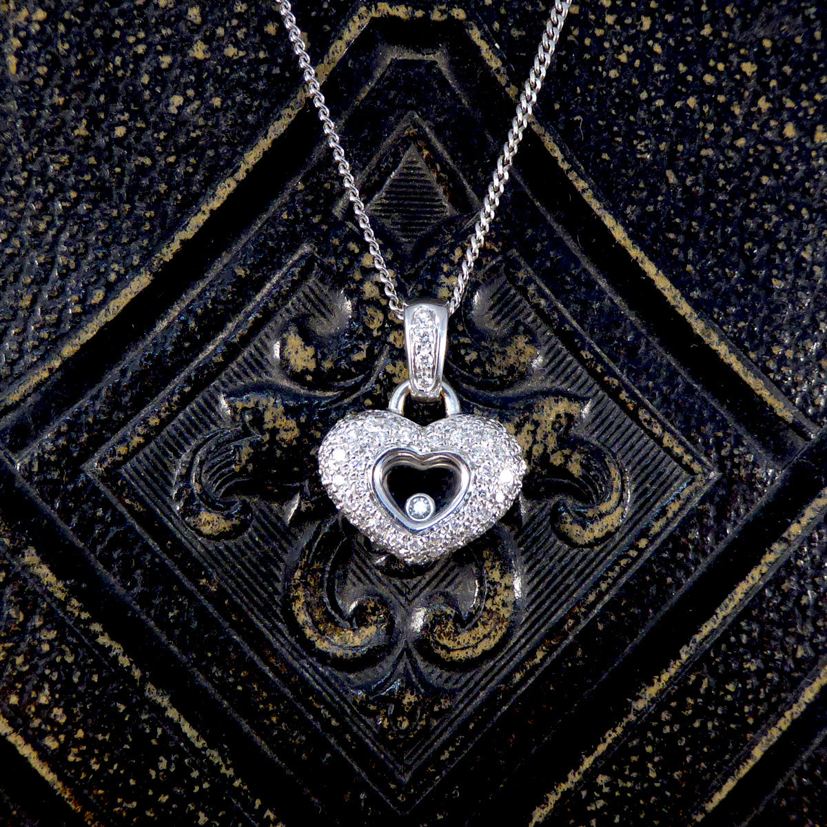 Diamond Set Heart Happy Diamonds Style Necklace in 18ct White Gold on White Gold Chain - Wharfedale Antiques
