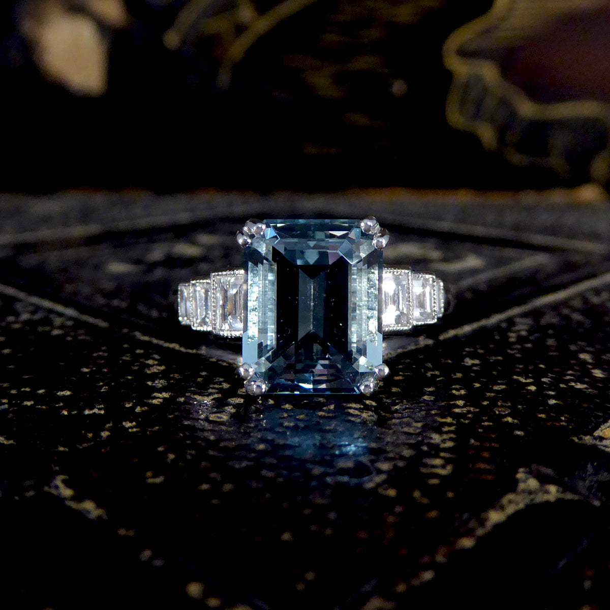 Art Deco Inspired 3.30ct Aquamarine and Diamond Staged Ring in Platinum - Wharfedale Antiques