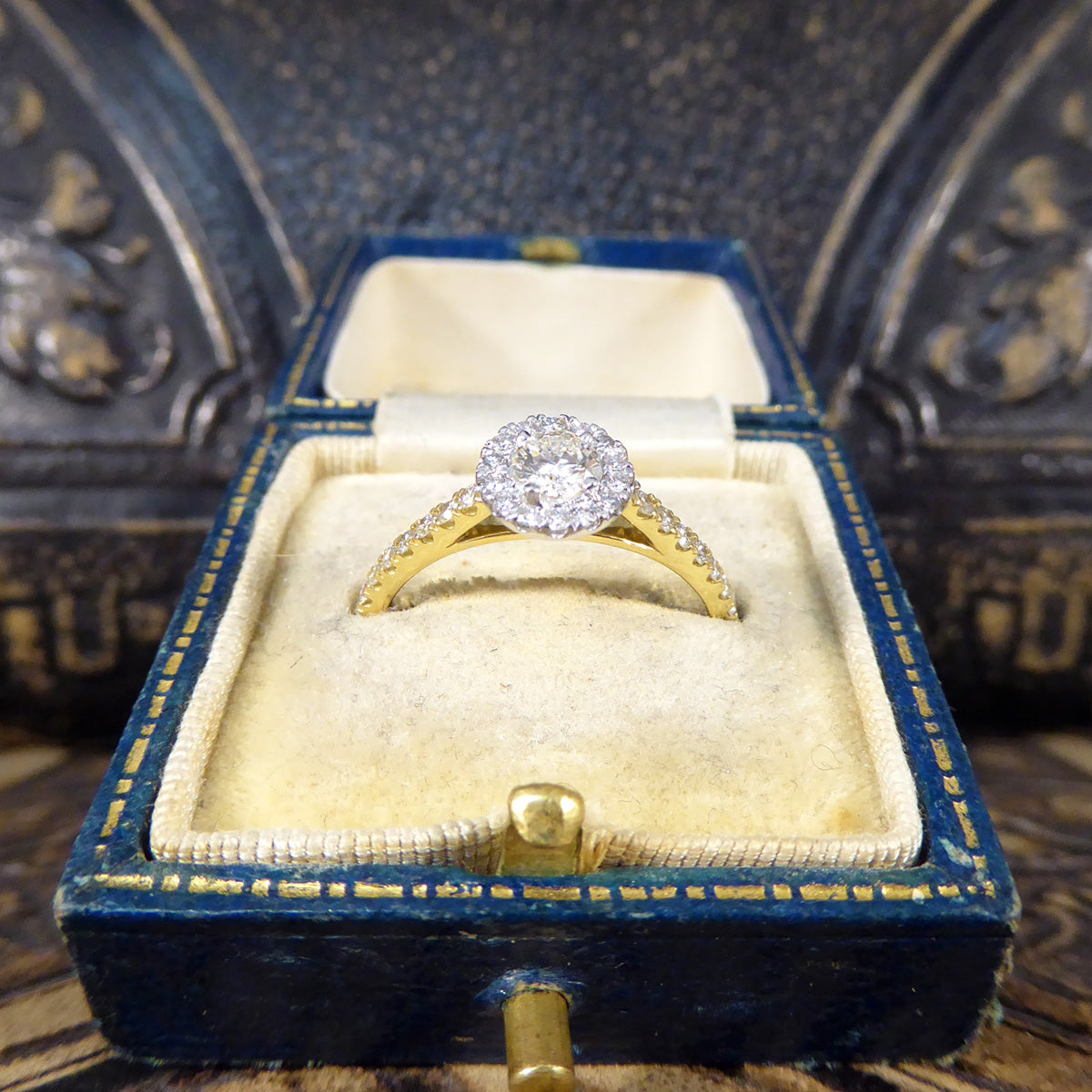 Diamond Cluster Halo Engagement Wedfit Ring with Diamond Shoulders in 18ct Yellow and White Gold - Wharfedale Antiques