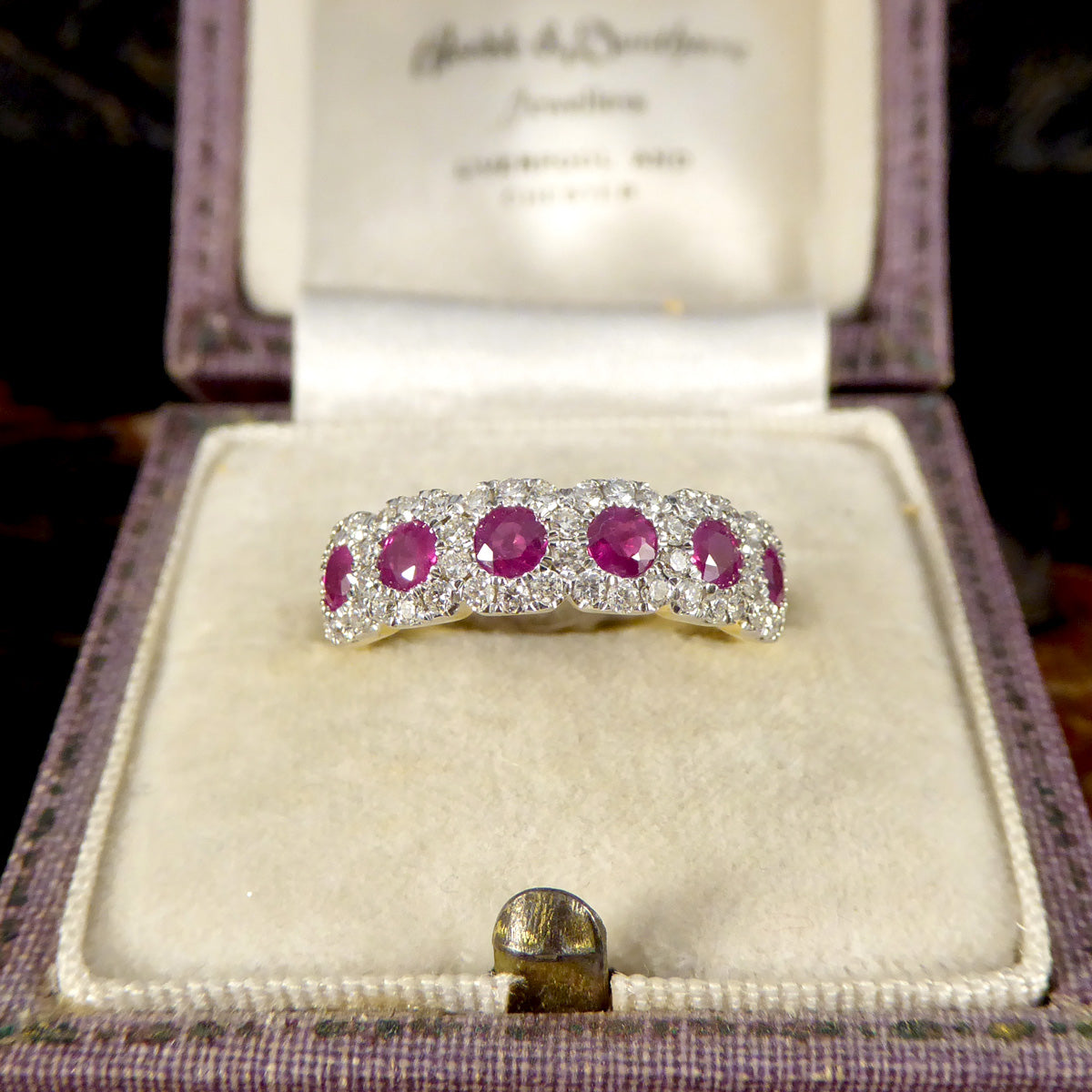 Ruby and Diamond Sextuple Cluster Ring in 18ct Yellow and White Gold - Wharfedale Antiques