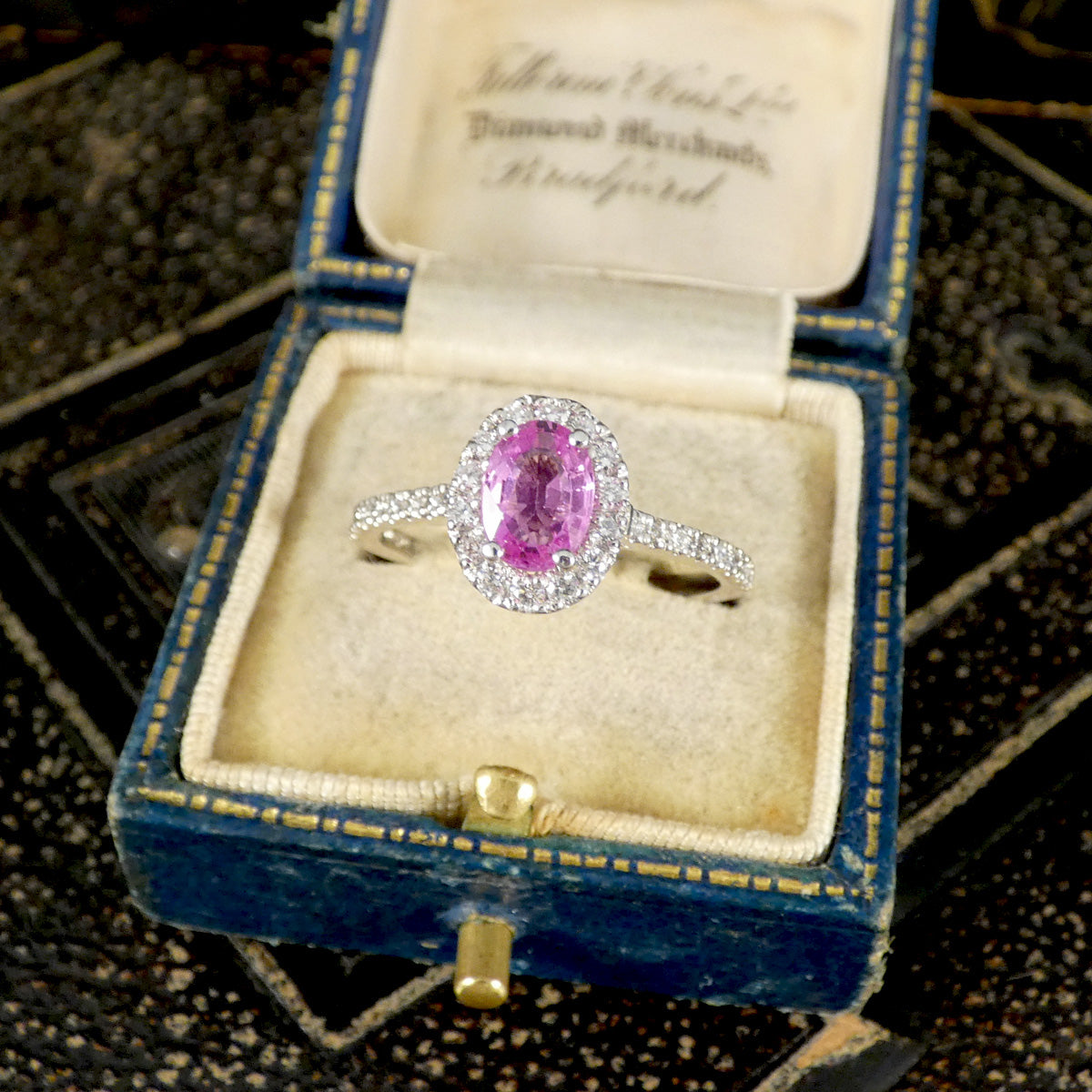Pink Sapphire and Diamond Cluster Wedfit Ring with Diamond Shoulders in Platinum
