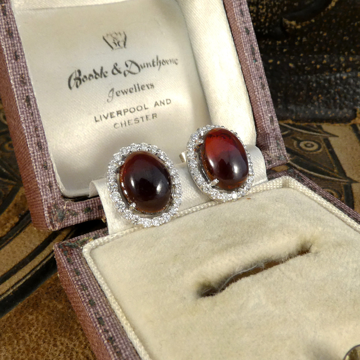 Cabochon Garnet and Diamond Halo Stud Earrings in 18ct White Gold - Wharfedale Antiques