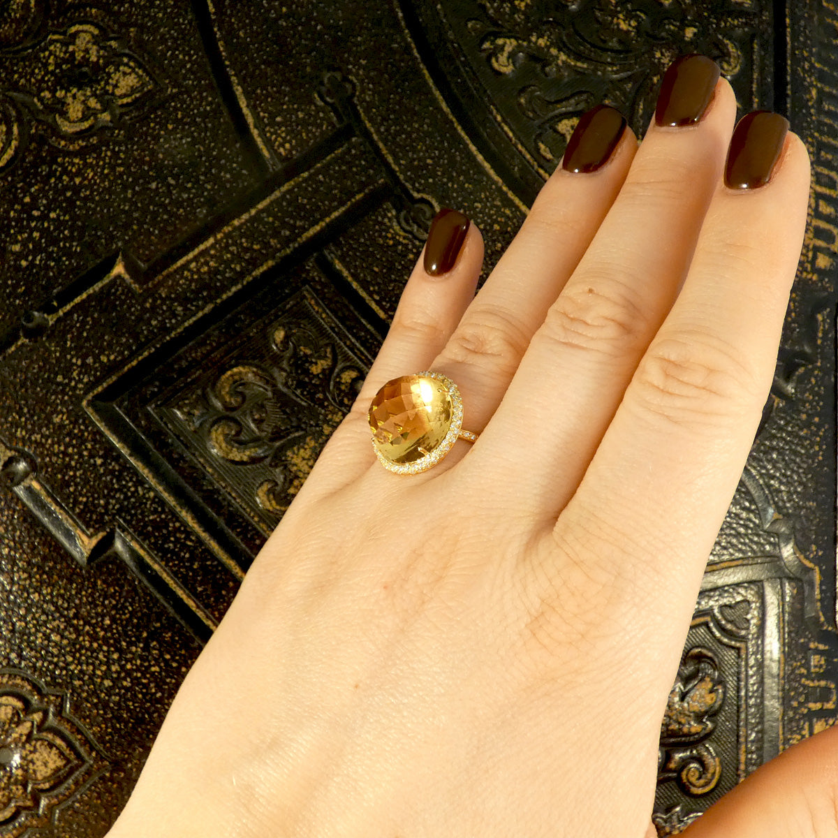 Citrine and Diamond Jelly Tot Ring in 18ct Yellow Gold with Diamond Set Shoulders - Wharfedale Antiques