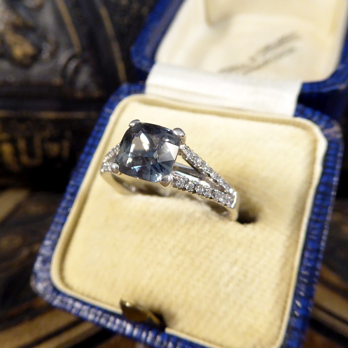 Teal Sapphire and Diamond set Split Shoulders in Platinum - Wharfedale Antiques