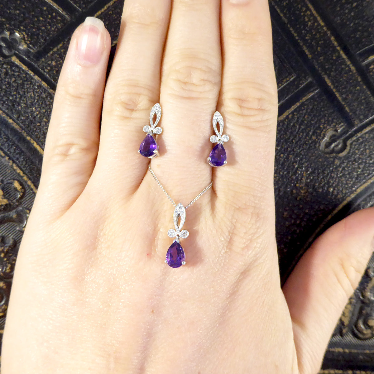 Art Deco Inspired Pear Shaped Amethyst Drop Necklace with Diamonds set in 18ct White Gold - Wharfedale Antiques
