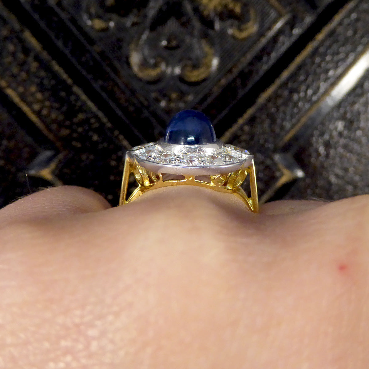 Cabochon Cut Sapphire and Diamond Cluster Ring in 18ct Gold - Wharfedale Antiques