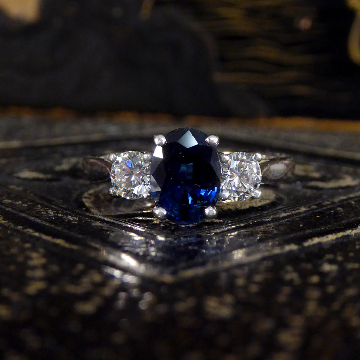 Oval Cut 1.75ct Sapphire and Diamond Three Stone Ring in Platinum - Wharfedale Antiques