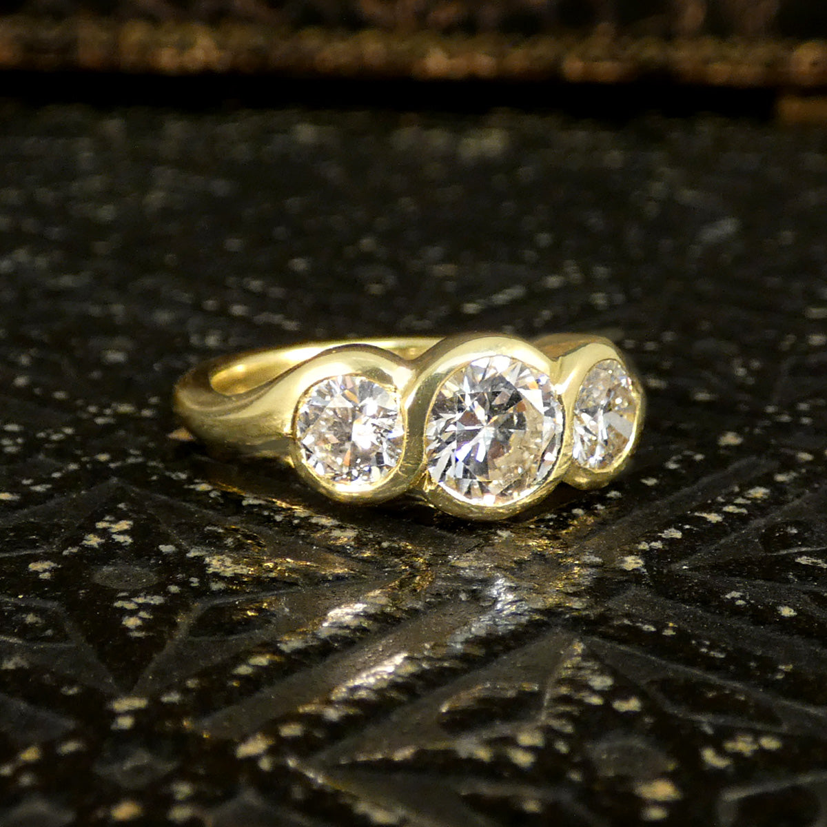 1.75ct Diamond Chunky Bezel Set Three Stone Ring in 18ct Yellow Gold - Wharfedale Antiques