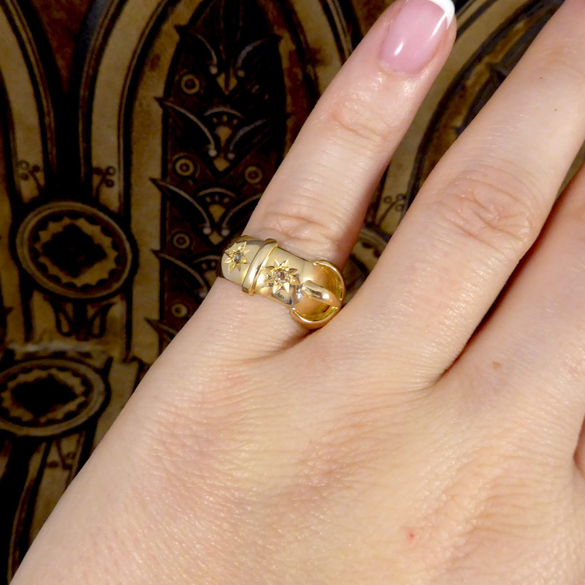 Antique C1919 Diamond set Buckle Ring in 18ct Yellow Gold - Wharfedale Antiques