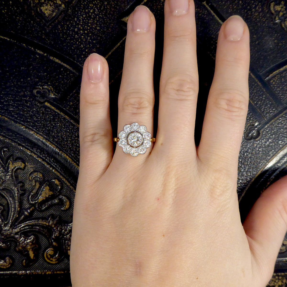 1.85ct Diamond Daisy Halo Cluster Ring set in 18ct Yellow Gold and Platinum - Wharfedale Antiques