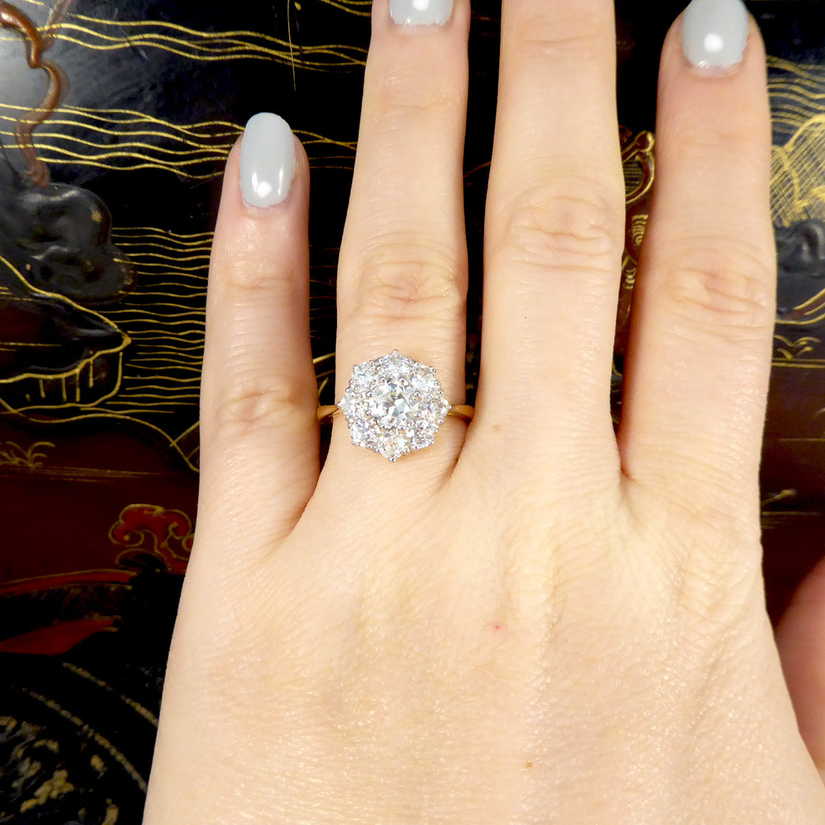 Edwardian Style 1.85ct Old Cut Diamond Daisy Cluster Ring in 18ct Yellow Gold - Wharfedale Antiques