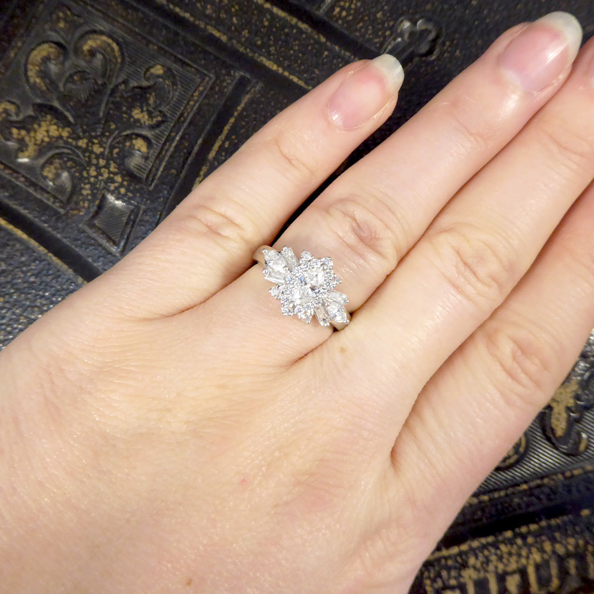 Contemporary 1.00ct Diamond Marquise Cluster Dress Ring in Platinum - Wharfedale Antiques
