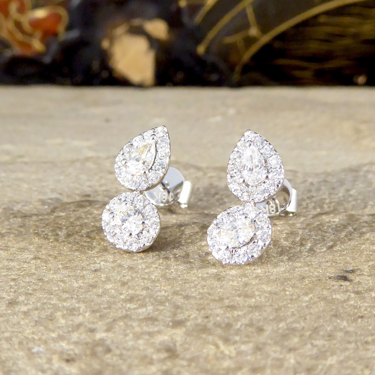 Diamond Pear and Oval Double Cluster Stud Earrings in 18ct White Gold - Wharfedale Antiques
