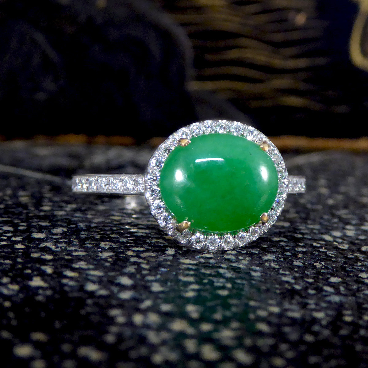 Jade and Diamond Halo Cluster ring in Platinum - Wharfedale Antiques