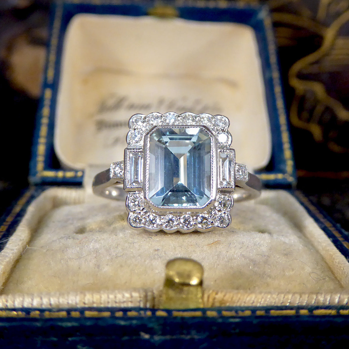 Art Deco Inspired Aquamarine and Diamond Cluster Ring in Platinum - Wharfedale Antiques