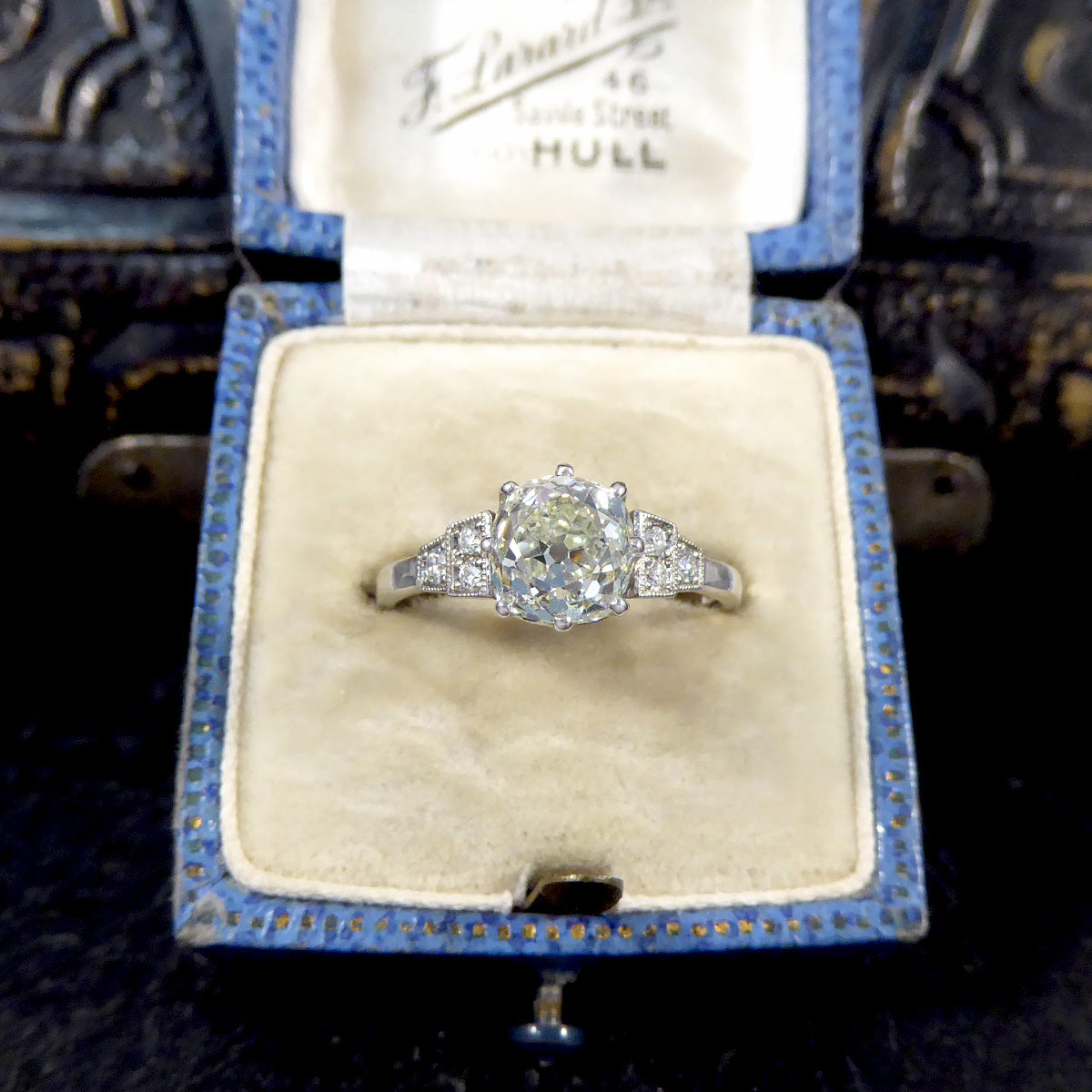 1.70ct Old European Cushion Cut Diamond Solitaire with Diamond Shoulders in Platinum - Wharfedale Antiques