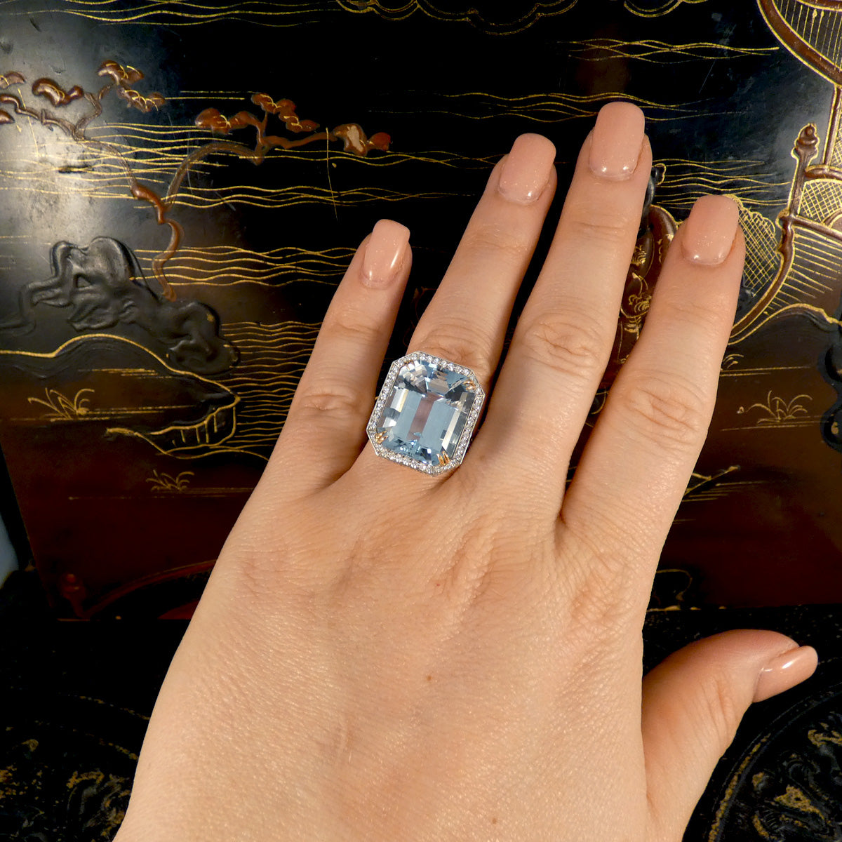Large Aquamarine and Diamond Halo Ring with Diamond set Shoulders in Platinum - Wharfedale Antiques
