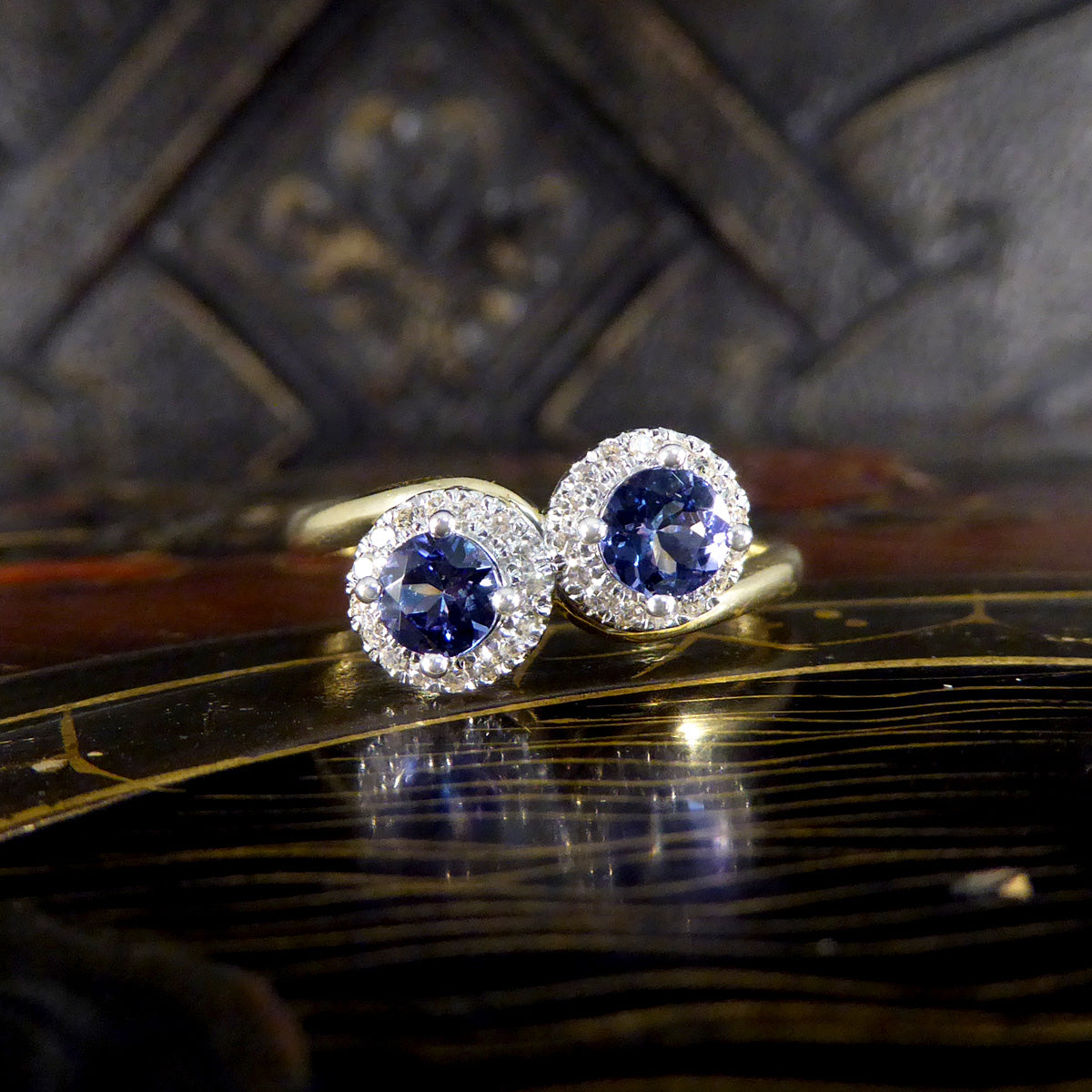 Edwardian Style Tanzanite and Diamond Cluster Toi Et Moi Twist Ring in Yellow and White Gold - Wharfedale Antiques