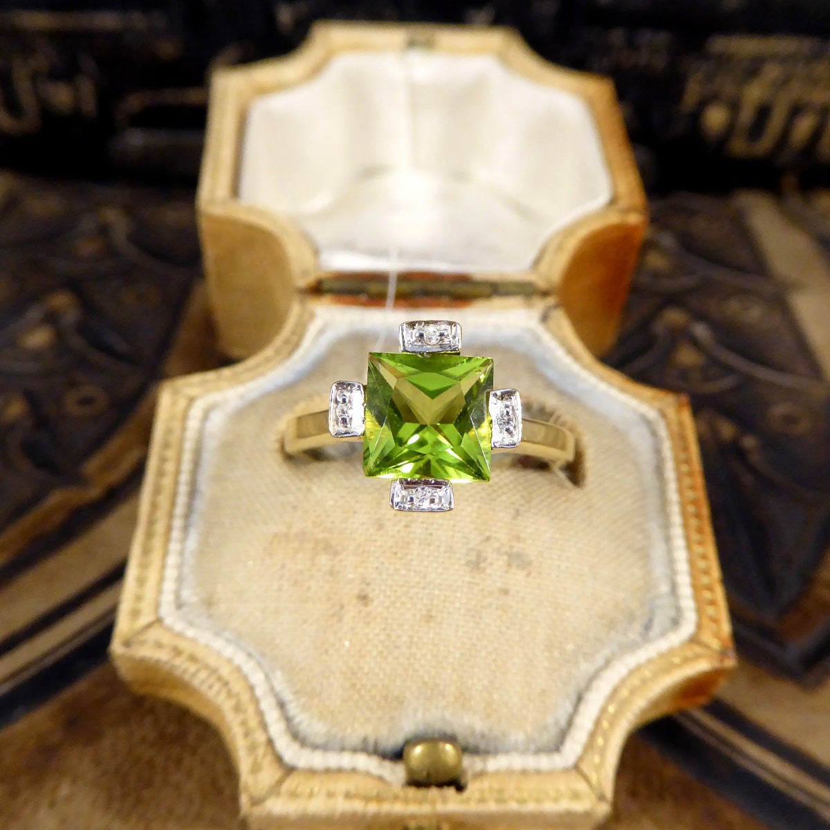 Vintage Peridot and Diamond Geometric Ring in Yellow Gold - Wharfedale Antiques